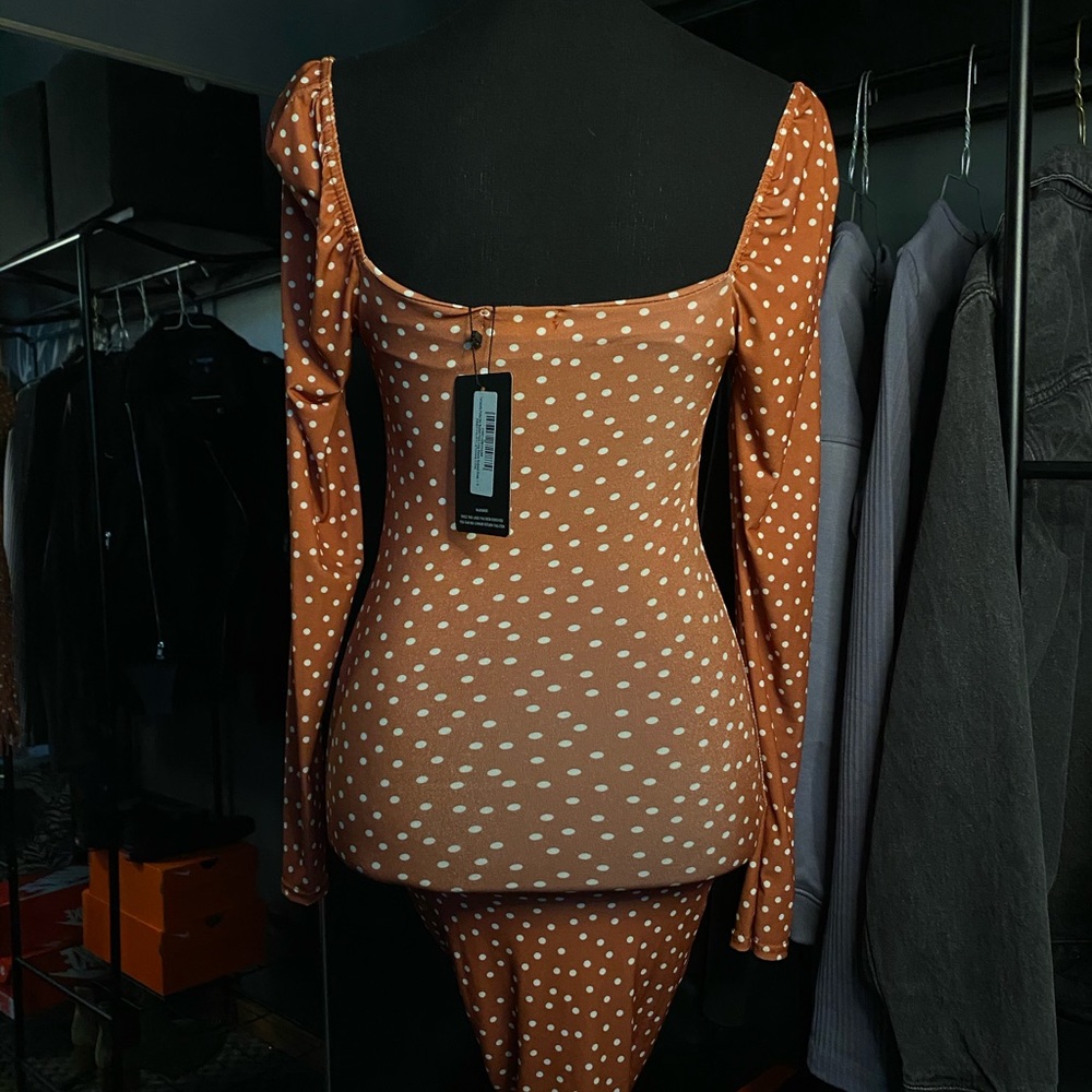 Terracotta Polka dot Ruched long sleeve bodycon